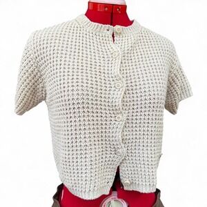 Loeil Beige Waffle Knit Crewneck Short Sleeves Cardigan Scallop Edge Free Size